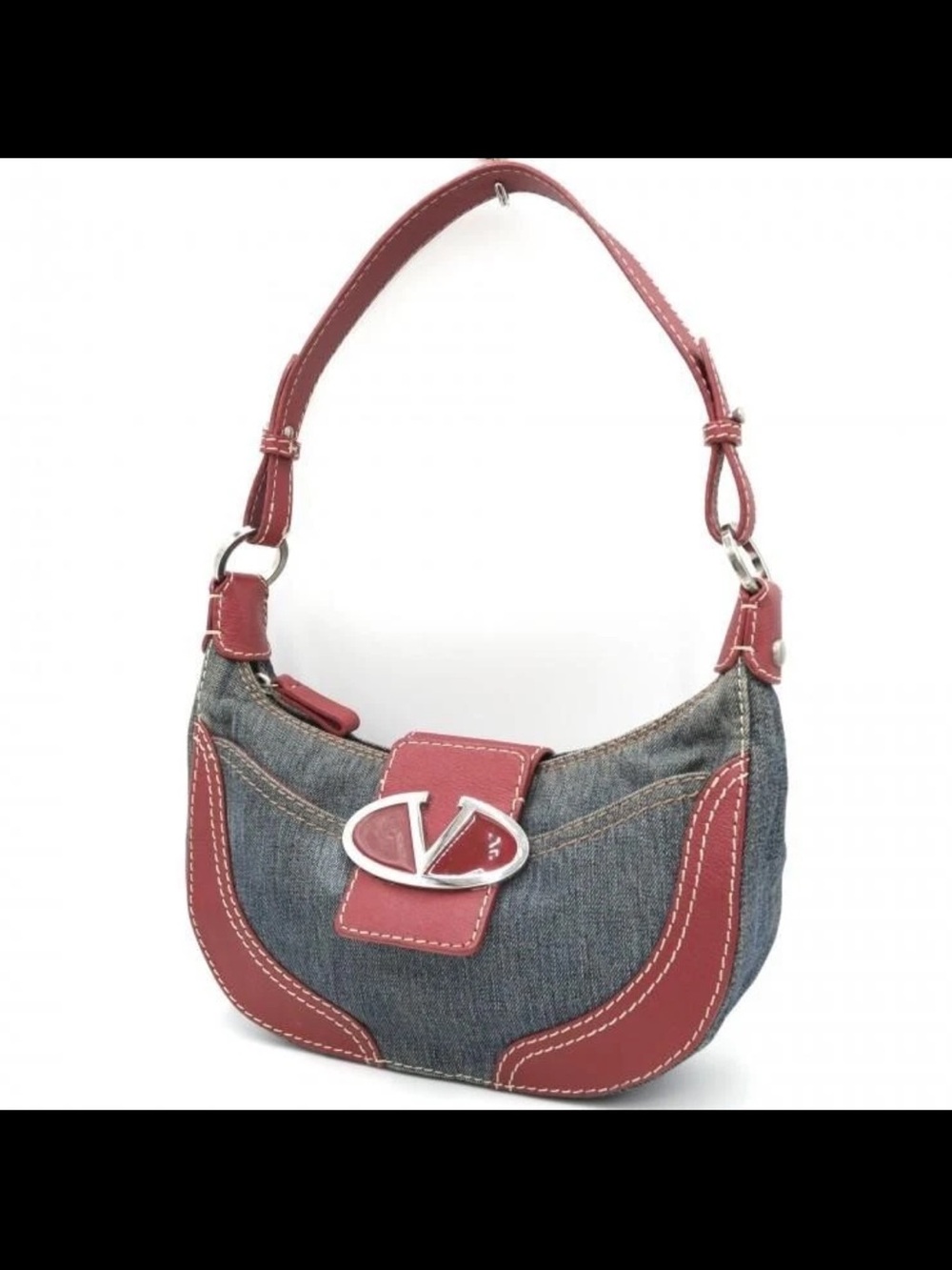 Valentino Garavani Denim Shoulder Bag with Red Leather Trim